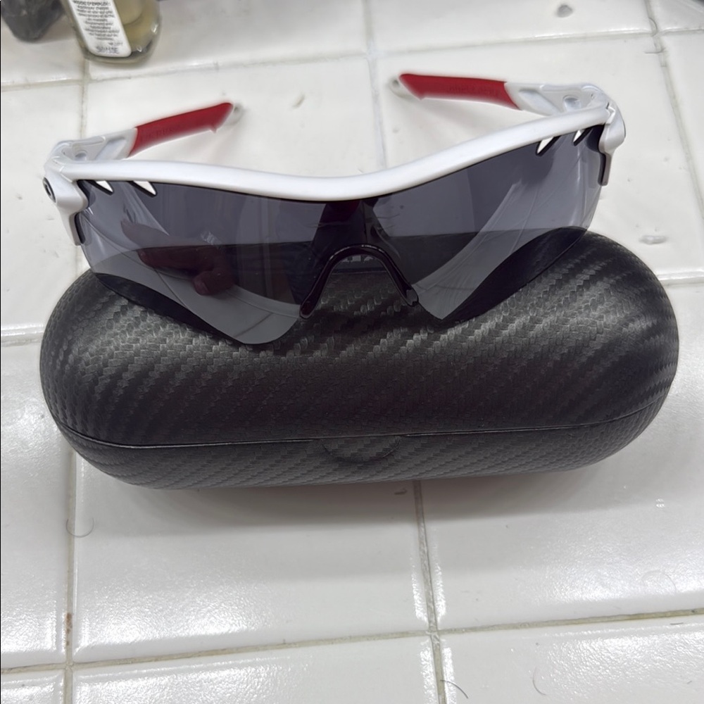 White and Red Sports Sunglasses with Black Case